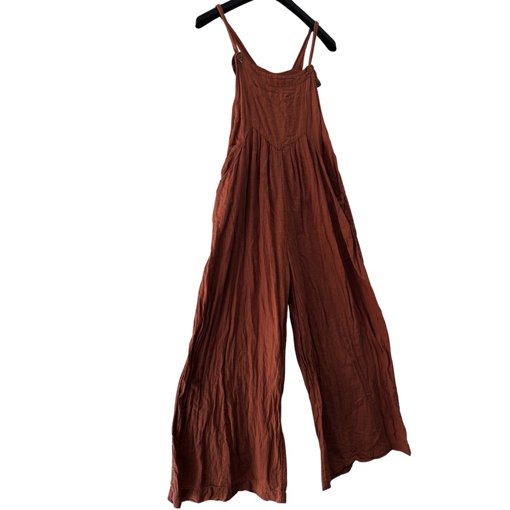 Natural Life Cotton Lagenlook Wide Leg Jumpsuit Small Boho Rust Overalls Pockets - Picture 2 of 10